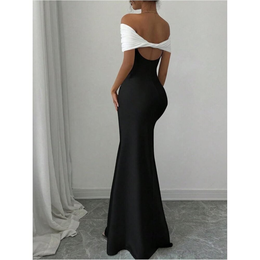 Women's Color Block Fishtail Maxi Dress Off Shoulder Bodycon for Events - Picture 2 of 5